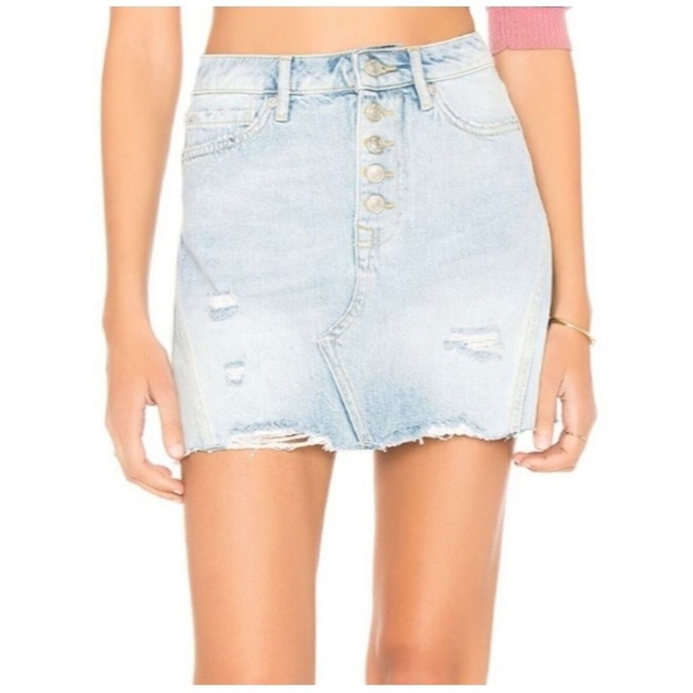 We The Free Free People Light Wash Distressed Denim Skirt